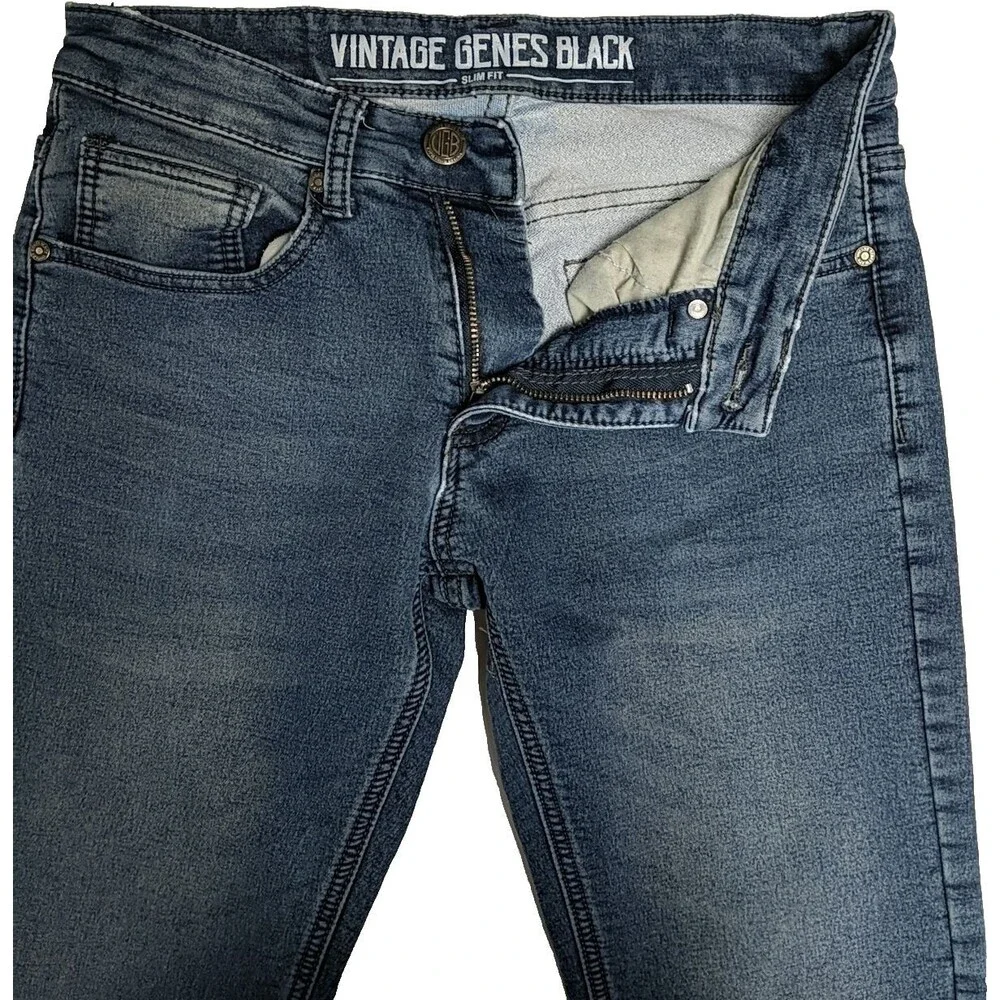 Vintage Genes Black VGB Jeans Men W28 L30 Slim Fit Dark Wash Blue - Picture 6 of 13
